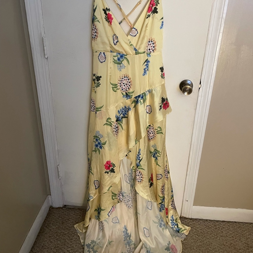 Latiste Floral Yellow Satin Ruffle Dress